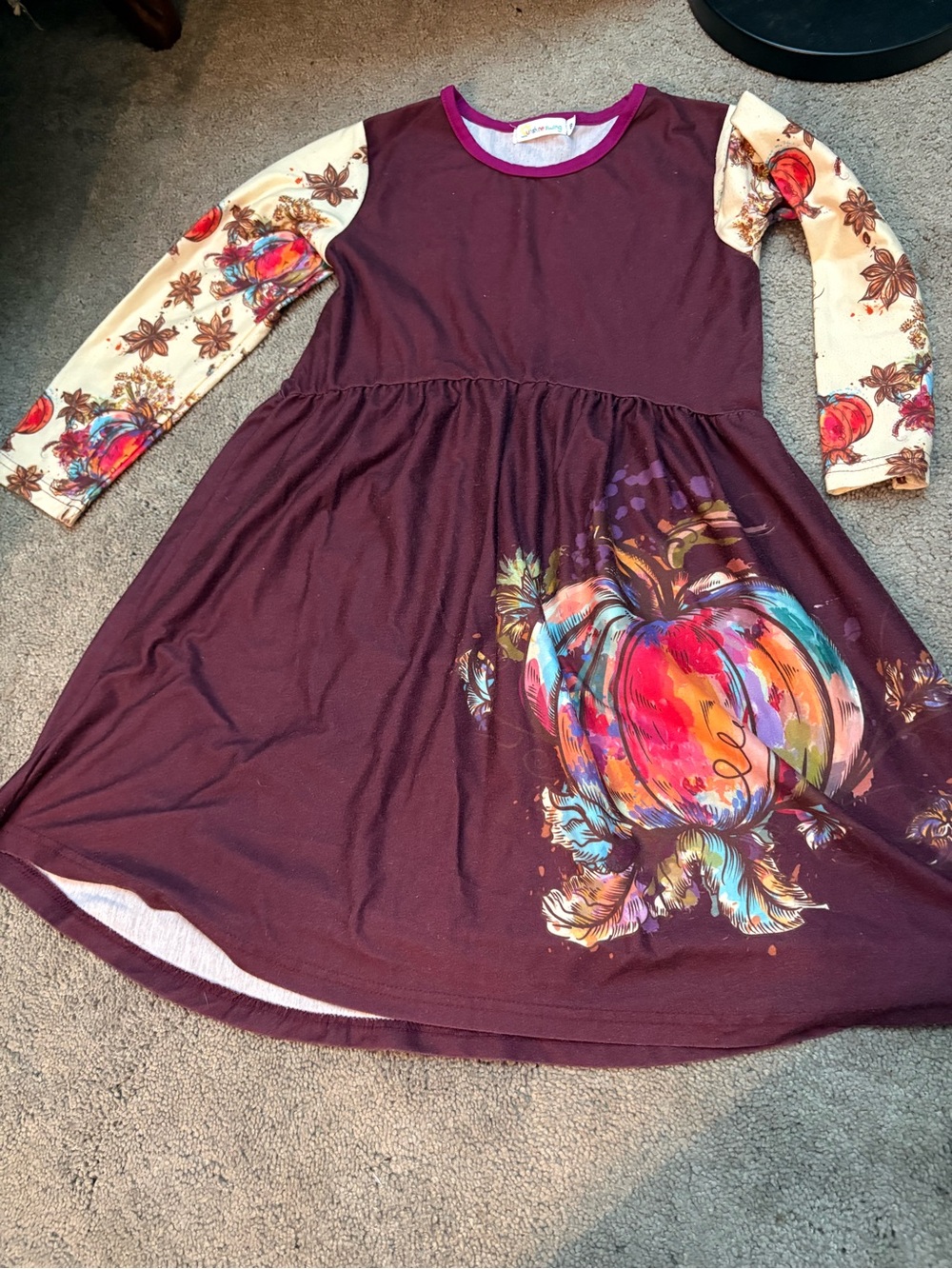 Girls Burgundy Long-Sleeve Pumpkin Print Dress with Floral Sleeves